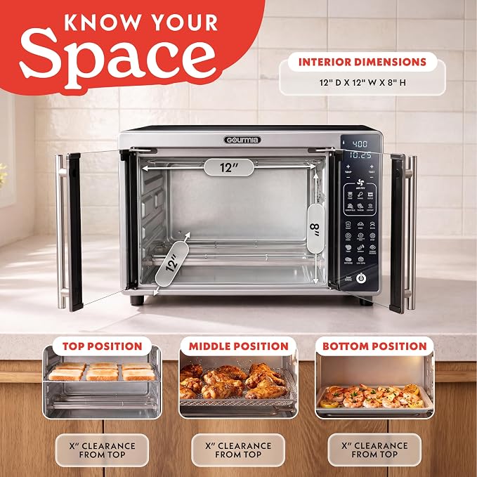 Gourmia Air Fryer French Door Toaster Oven - 6-Slice Capacity, LED Display with 19 Cooking Presets, Stainless Steel