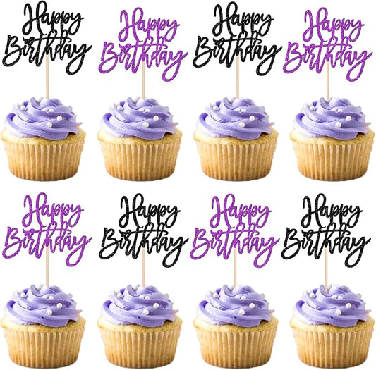 24 PCS Happy Birthday Cupcake Toppers Glitter Happy Birthday Cupcake Picks for Celebrating Anniversary Theme Party Cake Decorations Supplies Black Purple