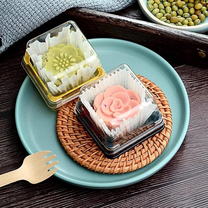EchoDone Plastic Mini Cupcake Boxes Muffin Mooncake Single Container | Square Black Clear Mini Cupcake Box 50 Set for Wedding Birthday Party Use