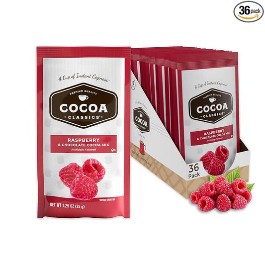 Cocoa Classics Raspberry Cocoa Mix, Hot or Iced, 1.25oz, 36 Pack | Raspberry cocoa mix with sweet, fruity flavor and chocolate notes; just add water for hot or iced cocoa with smooth taste