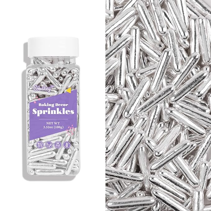 Cobakey Bright Silver Sprinkles for Cake Decorations 100g/ 3.52oz Rods Metallic Pearl Sugar Sprinkles for Cupcake Toppers Wedding Party Valentines Halloween Christmas Supplies
