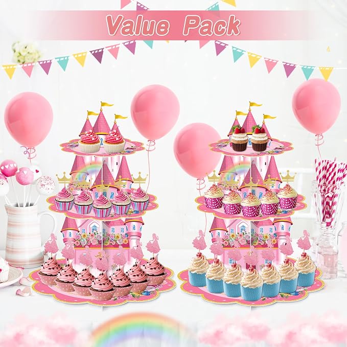2 Pack Cupcake Stands Birthday Decorations, Themed Cupcake Holders Party Supplies Favors - 3 Tier Cardboard Cup Cake Tower for Birthday Shower Party First Day