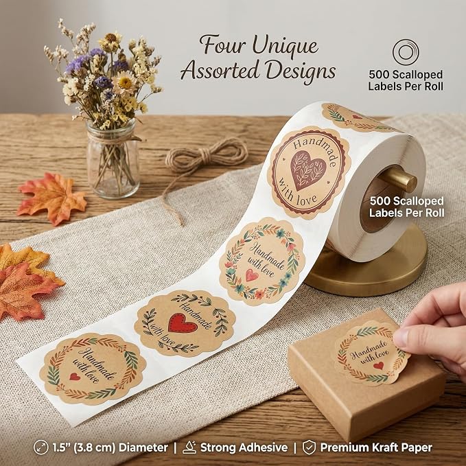 Handmade with Love Stickers Roll, 500 Kraft Paper Labels, 1.5 Inch Floral Scalloped Envelope Seals for Small Business Packaging, Baking, Gift Wrapping, Mason Jars