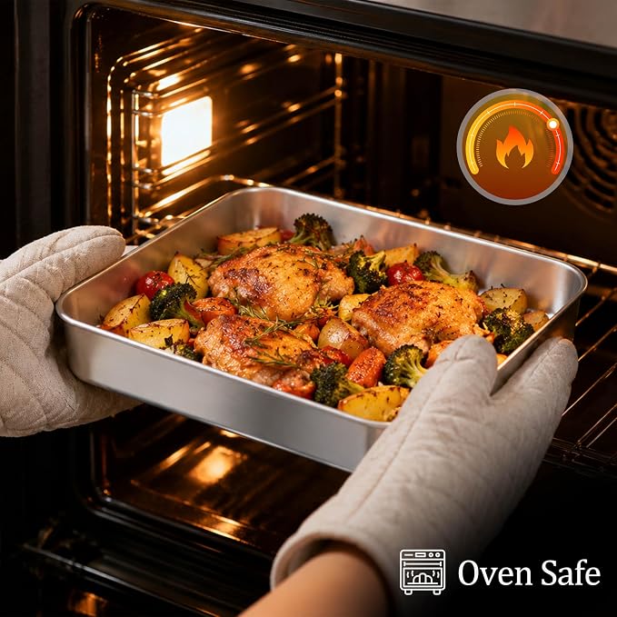 LIANYU 4-Piece Stainless Steel Deep Baking Pan Set with Lids, 10 x 8 Inch Rectangular Cake Pans, Roasting Bakeware for Lasagna, Brownies, Non-Toxic & Dishwasher Safe (2 Pan +2 Lid)
