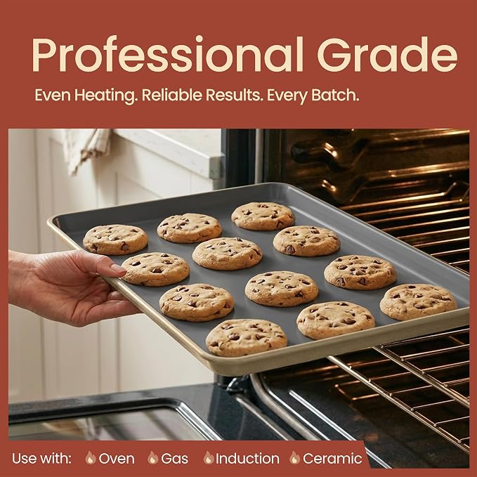 Bakken 8-Piece Ceramic Coated Bakeware Sets, Nonstick Aluminized Steel Pans with Muffin, Loaf, Cake, Roasting Pan, & Cooling Rack, Oven Safe Up To 500°F, Dishwasher Safe, BPA, PTFE & PFAS Free, Cream