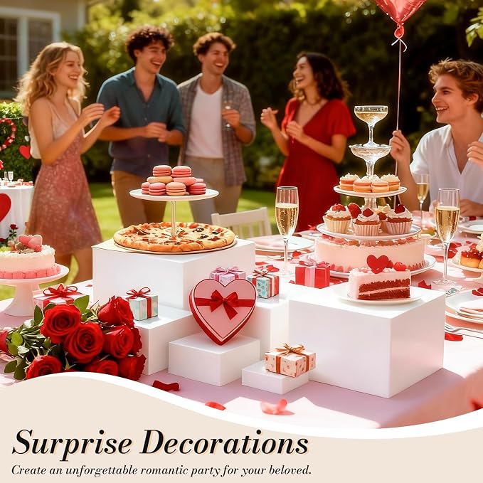 6 Pcs Buffet Risers with Mini Sign and Maker, Food Risers Display Stands for Buffet Table Party Catering Dessert Jewelry Collectibles, Nesting Cube Boxes with Hollow Bottoms (8",7",6",5",4",3")