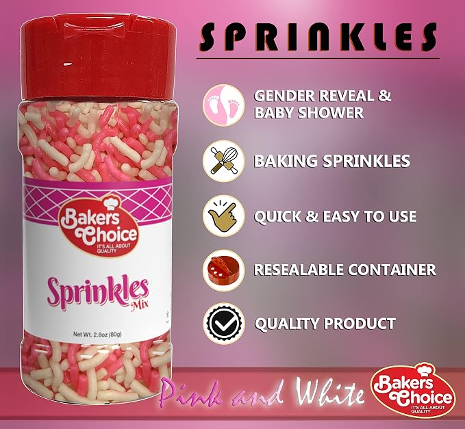 Bakers Choice Pink And White Sprinkles - Girl Baby Shower Sprinkles For Gender Reveal - Jimmies Sprinkles for Baking and Cookie Decorating - Dairy Free, Kosher 2.8 oz.