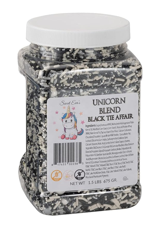 UNICORN BLEND BLACK TIE AFFAIR-Gluten-free,Egg Free,Nuts Free,Kosher,Sprinkle Medley Mix,For Baking,Decorating,Cookies,Cupcakes,Cakes,Topping,Jimmies,Large,Bulk Candy,Sugar Shapes