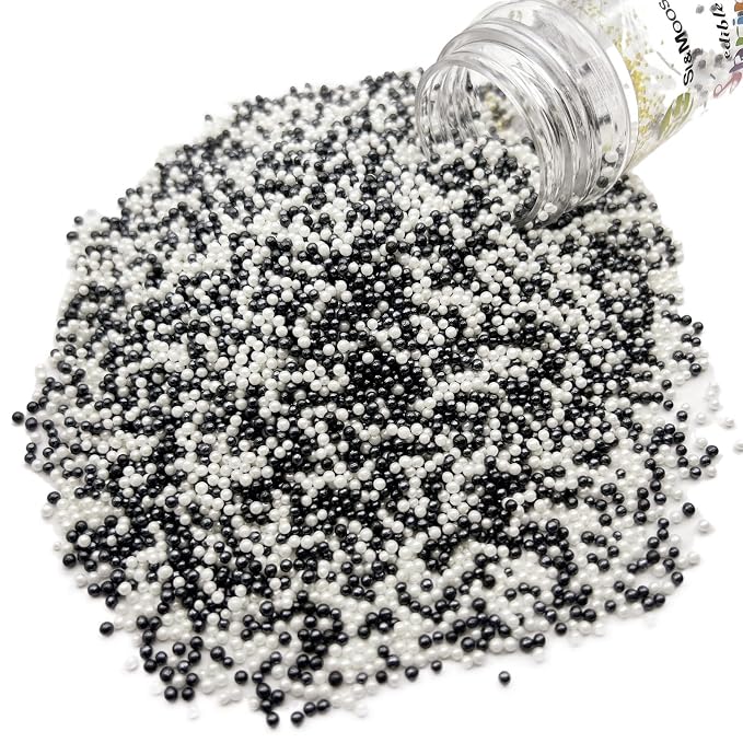 SE Si&Moos Nonpareil Sprinkles, 2mm Black and White Mini Edible Pearls White and Black Sprinkles for Cake Decorating Halloween Cookie Decorations Wedding Baby Shower Party Christmas Holiday Supplies 3.5 OZ
