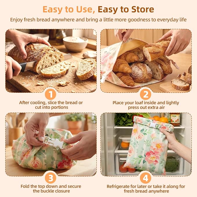 2 Pack Reusable Beeswax Bread Bags with 2 Wraps, 100% Premium Cotton Bread Storage for Homemade Bread, Keeps Sourdough & Baguettes Fresher, Easy Clean Kitchen & Travel Use