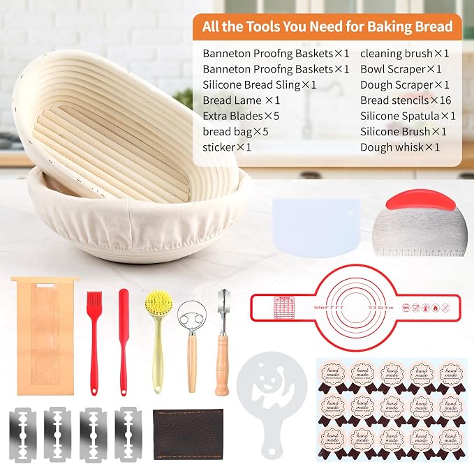 Sourdough Bread Baking Supplies, Sourdough Starter Kit, 9" Round and 10" Oval Sourdough Kit, Banneton Bread Proofing Basket for Home and Kitchen, Bread Basket, Sour Dough Starter Kits, Gift