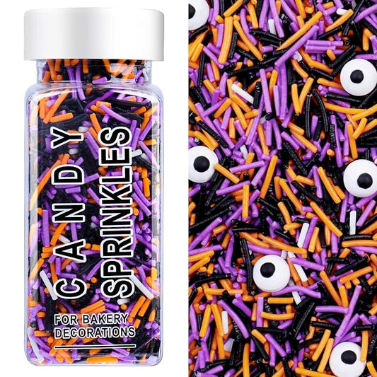 Halloween Sprinkles, Black Orange Purple White Jimmies with Edible Candy Eyes for Cake Decorating, 4.6oz Cookie Cupcake Decorations for Spooky Halloween Baking & Party Treats