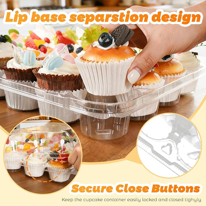 24 Count Cupcake Containers 10 Pack Cupcake Holders Plastic Clear Disposable Cupcake Containers with Detachable Tall Dome Lids and 360 Liners for 240 Cupcakes, BPA Free, Standard Size
