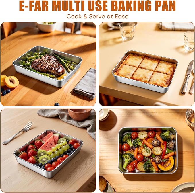 E-far Mini Lasagna Pan, Stainless Steel Rectangular Baking Pan, 9x7x2 Inch Sheet Cake Pan Metal Bakeware Toaster Oven Tray for Brownie Casserole, Deep Side & Heavy Duty, Anti-Rust & Dishwasher Safe