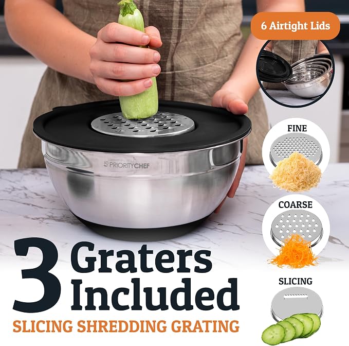 Priority Chef 6pc Stainless Steel Mixing Bowls with Lids Set, 7 Qt, Black | 6pc Non-slip nesting bowls 1-7 qt, 3 graters & interior measurement marks; for meal prep, baking & airtight fridge storage