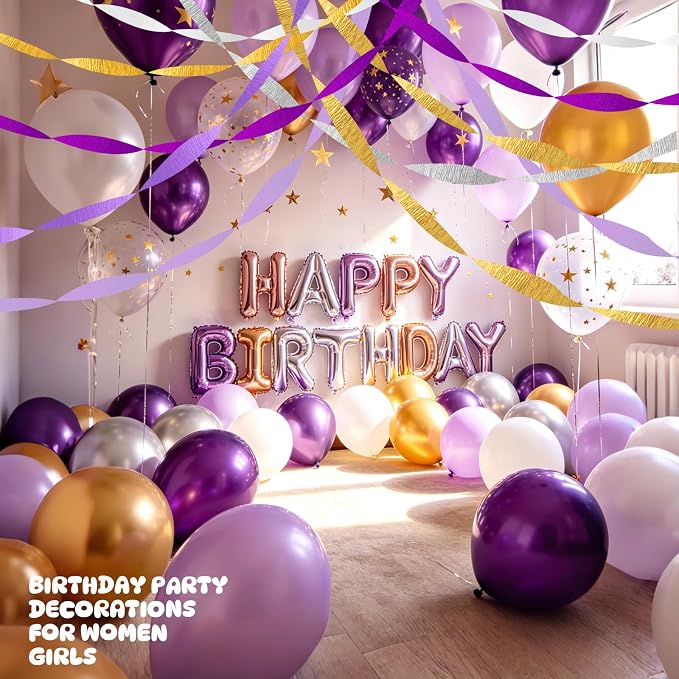 AOYOO Crepe Paper Streamers, 6 Rolls Purple Gold and Silver Party Streamers, Lavender White Decorations for Rapunzel Birthday, Graduation, Princess Theme Party and Wedding Supplies