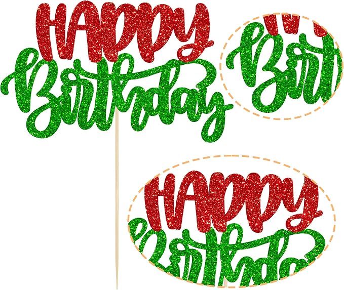 Gyufise 1Pcs Happy Birthday Cake Topper Glitter Happy Birthday Cake Pick for Christmas Theme Wedding Anniversary Theme Party Cake Decorations Supplies Green Red