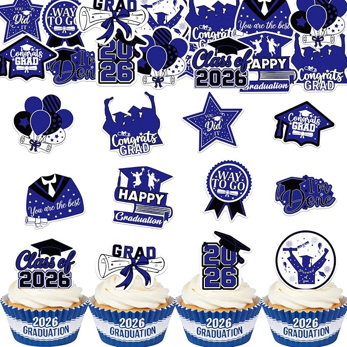 48pcs Edible 2026 Graduation Cupcake Toppers Wafer Paper Blue Class of 2026 Cake Decorations Edible Congrats Grad Cupcake Picks for 2026 Graduation Theme Party Cake Supplies