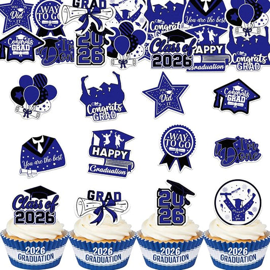 48pcs Edible 2026 Graduation Cupcake Toppers Wafer Paper Blue Class of 2026 Cake Decorations Edible Congrats Grad Cupcake Picks for 2026 Graduation Theme Party Cake Supplies