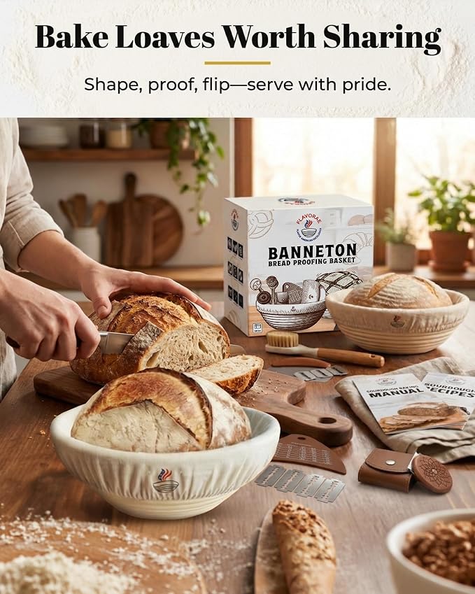 Banneton Bread Proofing Basket with Liners - Natural Rattan Dough Riser, Sourdough Bread Basket, Artisan Bread Loaves, Homemade Bread Making - 2 Pack 9" Round Basket Set