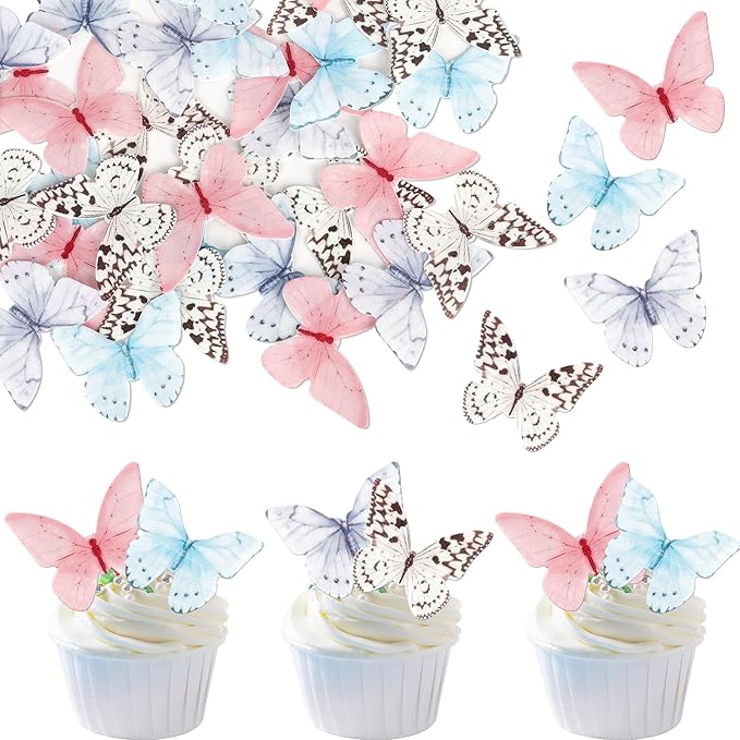 48 PCS Colorful Wafer Paper Butterflies Cake Decorations - Edible Butterfly Cupcake Picks for Baby Shower, Wedding, Birthday Party