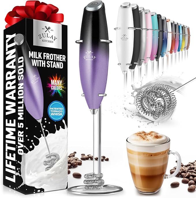 Zulay Powerful Milk Frother for Coffee with Upgraded Titanium Motor - Handheld Electric Whisk, Milk Foamer, Mini Mixer & Coffee Blender for Frappe, Latte, Matcha, No Stand - Purple & Black