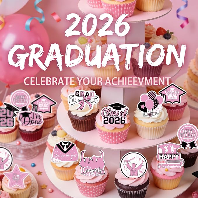 48pcs Edible 2026 Graduation Cupcake Toppers Wafer Paper Pink Class of 2026 Cake Decorations Edible Congrats Grad Cupcake Picks for 2026 Graduation Theme Party Cake Supplies