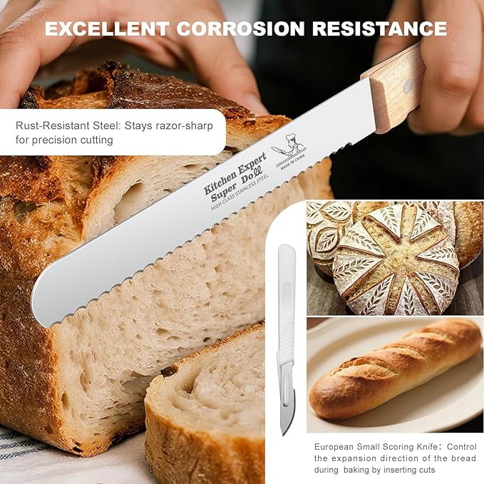 Wavy Edge Serrated Bread Knife 8 Inch, Cuts Perfect Homemade Bread, Bagels, Cakes - Ultra Sharp Stainless Steel Blade with Comfort Grip Wood Handle, Scoring Cutter Includedr