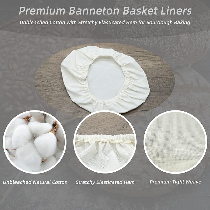 3 Pack Oval Banneton Basket Liners and Covers, Fits 9–12 Inch Oval Bread Proofing Baskets, Reusable Cotton Dough Bowl Cloth Liner for Sourdough Artisan Bread