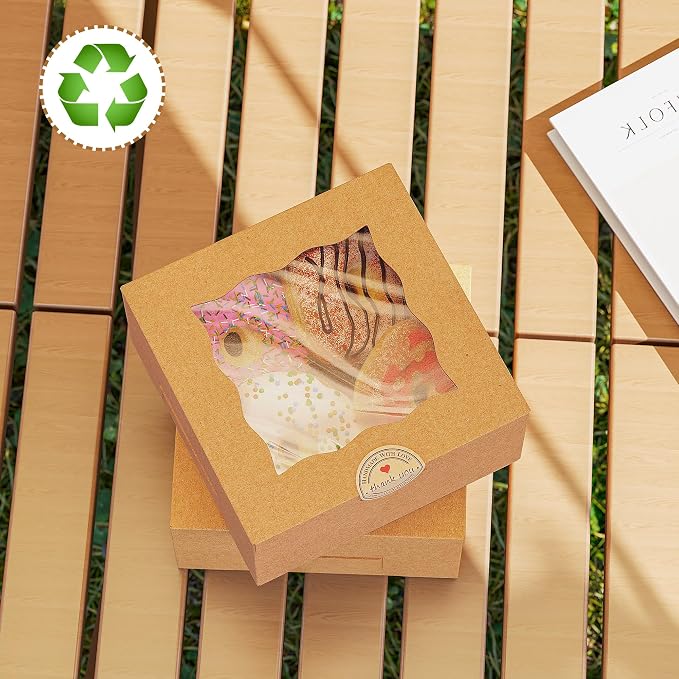 50Pcs 6x6x3 Inch Cookie Boxes With Window Boxes for Baked Goods | Brown,Food Grade Kraft,Bakery Boxes for Cookies Donuts,with Stickers and Twine,Dessert Boxes for Treats Gift Giving Party