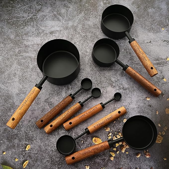 8 pieces Black Measuring Cups Set and Measuring Spoons Set with Scale, BRIIEC Wooden Handle Stainless Steel Dry & Liquid Measuring Cup for Cooking Baking