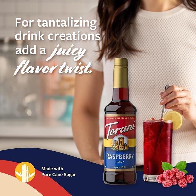 Torani Raspberry Syrup for Drinks, Flavoring for Iced Tea, Lemonade, and Sodas, Pump Included, 25.4 Oz