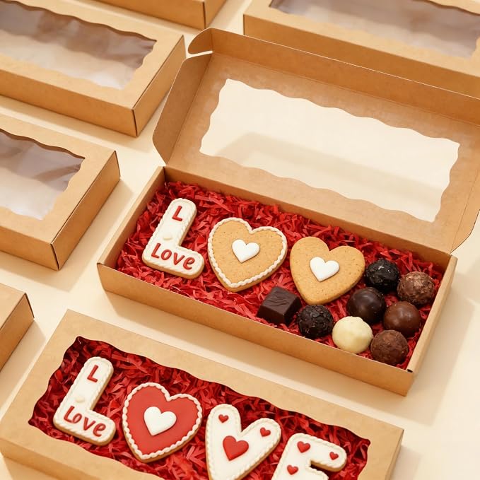 20pcs Cookie Boxes 12 x 5 x 1.5 Inch Bakery Boxes with window Chocolate Covered Strawberries Box for Christmas Valentine's Mother's Day- Brown