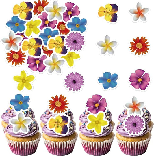 48 Edible Flowers Cupcake Toppers Edible Hawaii Flowers Cupcake Decor Wafer Paper Tropical Luau Flowers Cupcake Picks for Flowers Theme Wedding Birthday Party Decor Supplies