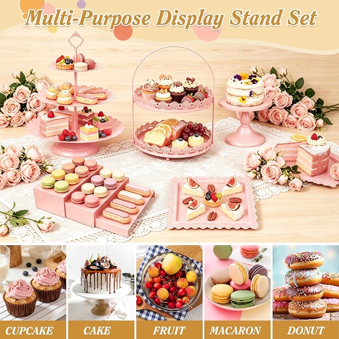 HAISIWLKJ 10 Pcs Pink Cake Stand Set Metal Cupcake Stands, Multiple Styles Dessert Display Tower for Candy Fruit, Cake Serving Trays for Birthday, Wedding, Anniversary, Baby Shower, Engagement Party