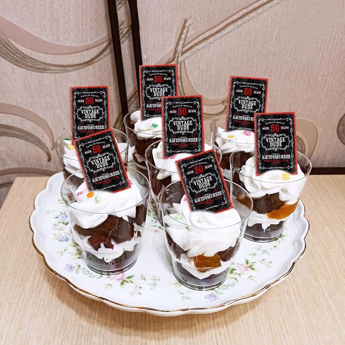 40Pcs Edible Rectangle Aged to 50 Years Card Cupcake Toppers Edible Black Red 50 Vintage Dude Awesomeness Cupcake Picks Drink Toppers for 50th Vintage Birthday Anniversary Party Decorations