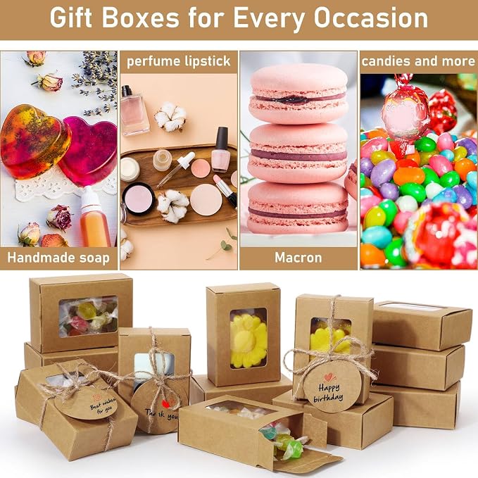 Zhanmai 100 Set Brown Small Soap Boxes for Homemade Soap, 3.35 x 2.36 x 1.2 Inch Paper Packaging Boxes with Window, with 100 Tag and Twine, Gift Wrapping Supplies for Bakery Candy Cookies Party Favors