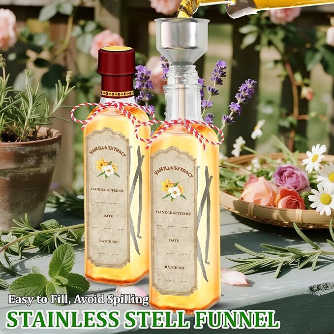 10-Pack Glass Vanilla Extract Bottles 8 oz with Lids, Labels, Shrink Bands & Funnel – Ideal Glass Jars for Syrup, Extract, and Essential Oils