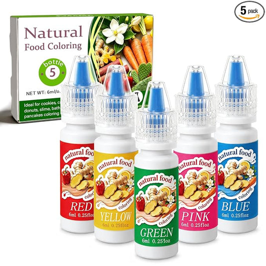 Natural Food Coloring Liquid Set – FD&C & Artificial Dye Free, 5 Color Edible Colorant for Baking, Cake Decorating, Frosting, Drinks, Crafts, Red/Pink/Green/Blue/Yellow, 6ml Each, Non-GMO, Gluten-Free