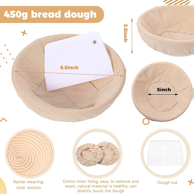 Nuogo 5 Pack Banneton Bread Proofing Basket 8.5 Inch Round Sourdough Proofing Basket Bowl with Liners and Scatters for Home Making Bread Bakers Baking