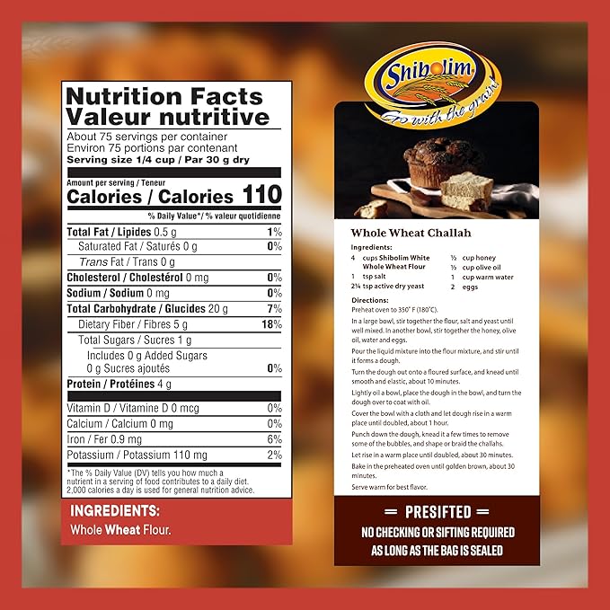 Shibolim White Whole Wheat Flour, 5lb | Triple Sifted Flour | 100% Whole Grain |Certified Kosher