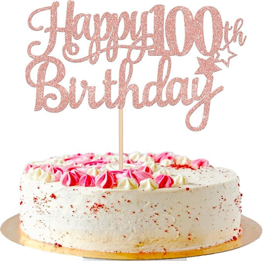 1 PCS Happy 100th Birthday Cake Topper Glitter Cheers to 100 Years Cake Pick Number 100 Fabulous Cake Decoration for 100th Birthday Theme Party Decorations Supplies Rose Gold