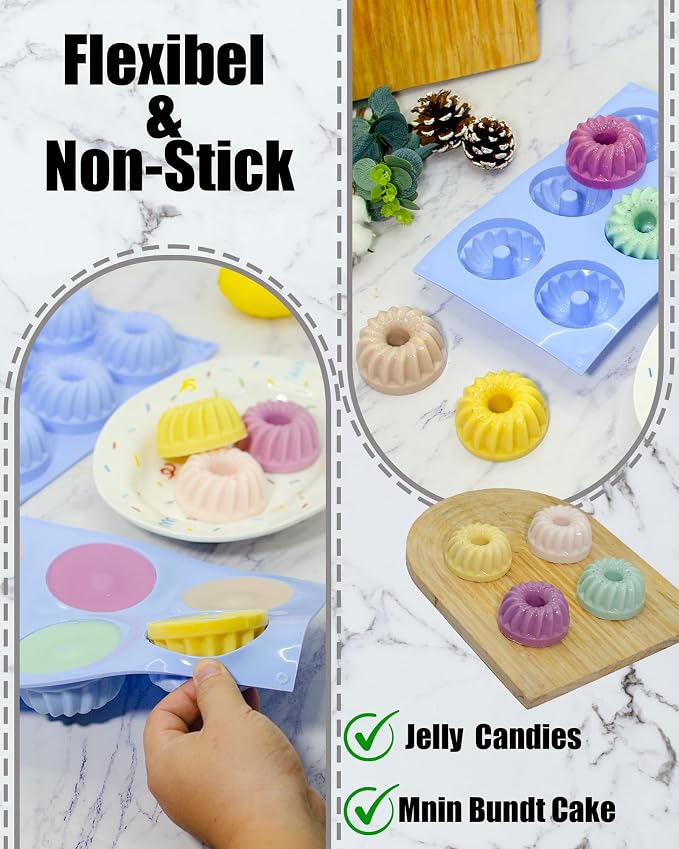 LGQUK Jello Mold, 3pcs Silicone Fluted Tube Cake Pans, 6-Cavity Non Stick Silicone Baking Molds for Cupcake, Donuts,Muffin, Cornbread, Brownie, Jellies (Blue, Fluted Tube)