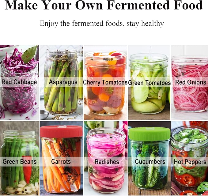 Fermentation Lids, Fermentation Kit for Wide Mouth Jars, 6 Set Plastic Fermenting Lids with 6 Airlocks, 6 Silicone Grommets, 6 Silicone Rings(Jars Not Included)