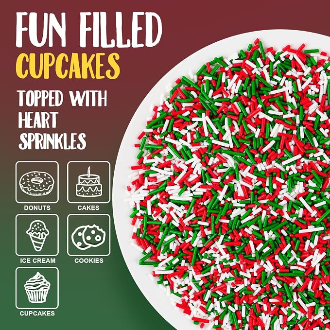 Christmas Sprinkles Bulk 1lb - Red Green White Jimmies for Baking, Holiday Cake & Cookie Decorating, Edible Dessert Toppings for Cupcakes, Ice Cream, Brownies