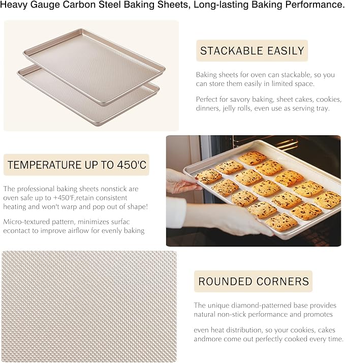 2 Pack Half Sheet Baking Pans,Commercial Quality Baking Sheet Pan Set,Carbon Steel Cooking Pans, Non Stick Baking Sheet for Oven,Large Thick Cookie Tray Pans for Baking（17.5" x 11.8" x 1"）