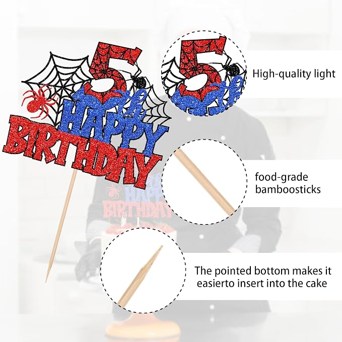 1 PCS Happy 5th Birthday Cake Topper Glitter Spider Web Cheers to 5 Years Five Birthday Cake Pick Superhero Spider Party Decorations for Boys Girls Happy 5th Birthday Party Cake Decorations Supplies