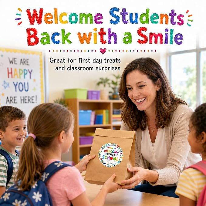 Back to School Stickers 60pcs, Welcome Back to School Round Sticker Labels for Teacher Gifts to Students, Classroom Rewards, First Day Treat Bags, Candy Bags, School Party Favors