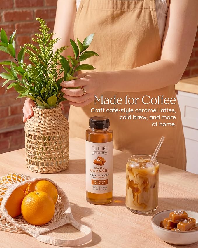 Caramel Agave Simple Syrup for Coffee & Cocktails - Sweetened with Organic Agave Nectar - Infused with Real Sea Salt - 13.5 oz
