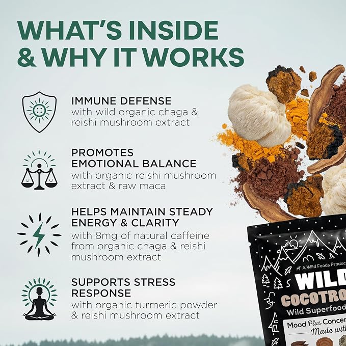 Wild Foods Organic Cocotropic Superfood Mushroom Hot Chocolate Mix, 8 oz | Non-GMO, Vegan, Gluten Free, Reishi Mushrooms, Chaga